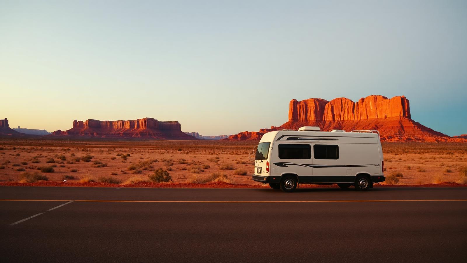 Camper langs een lege woestijnweg met rode mesa's in de Amerikaanse zuidwesten